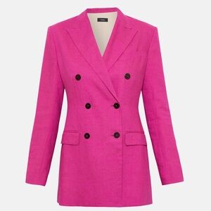 THEORY Double Breasted Pop Fushia PINK LINEN BLAZER size 0 + PANT size 0